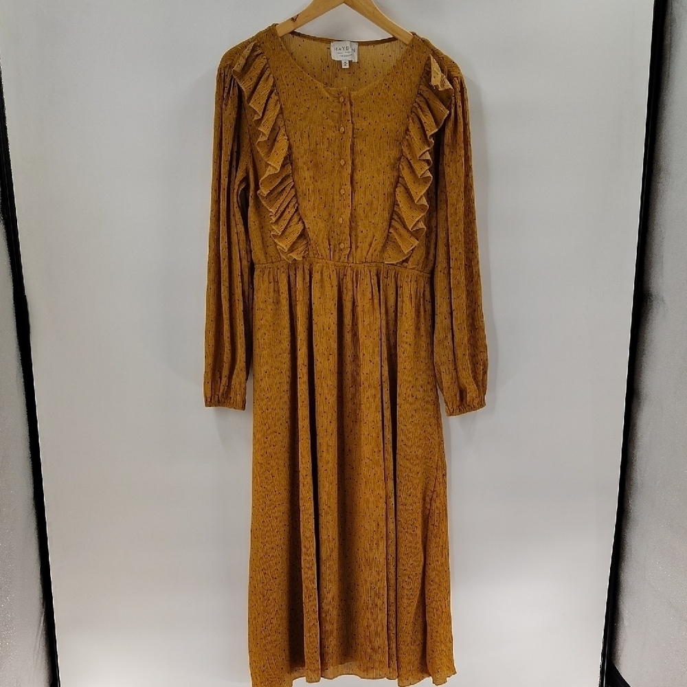Hayden Midi Dress Size Medium Yellow Gold Ruffle Button Bodice Long Sleeve